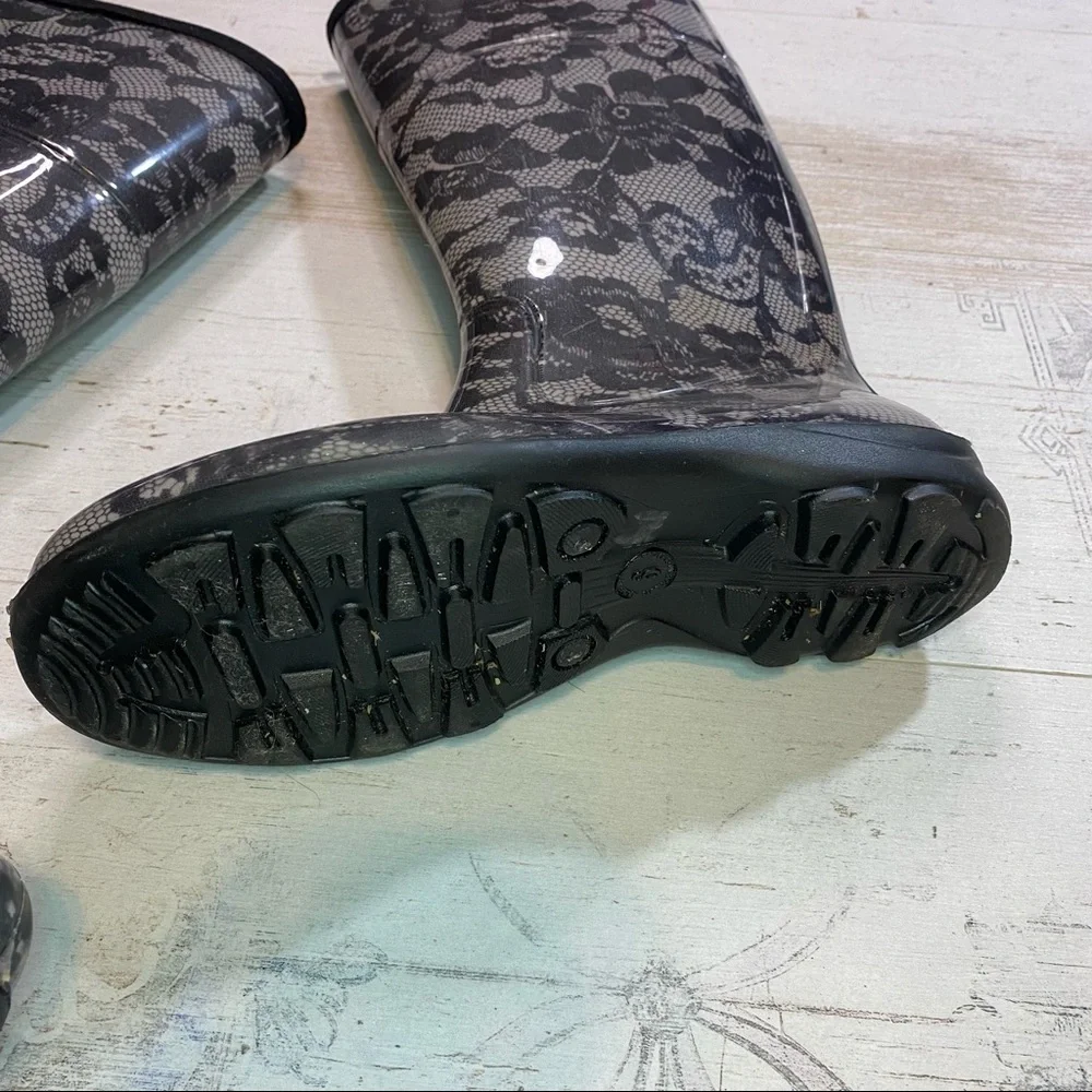 Kamik Black and White Lace Print Rain Boots